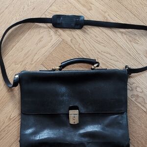 Black Leather Briefcase with Shoulder Strap